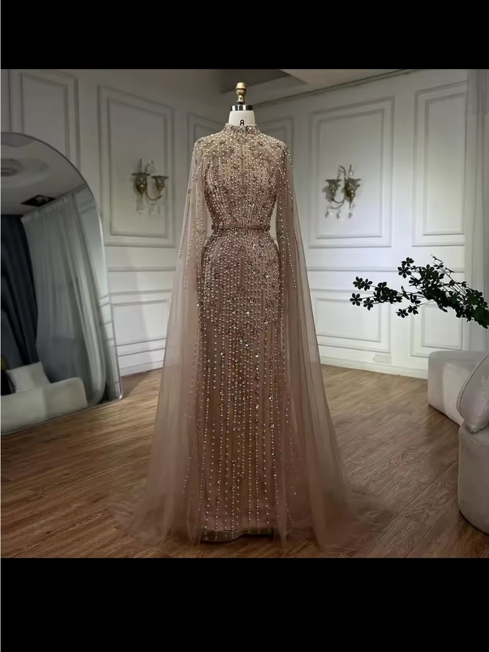 Elegant Nude Beaded High-Neck Evening Gown - Picture 2 of 4